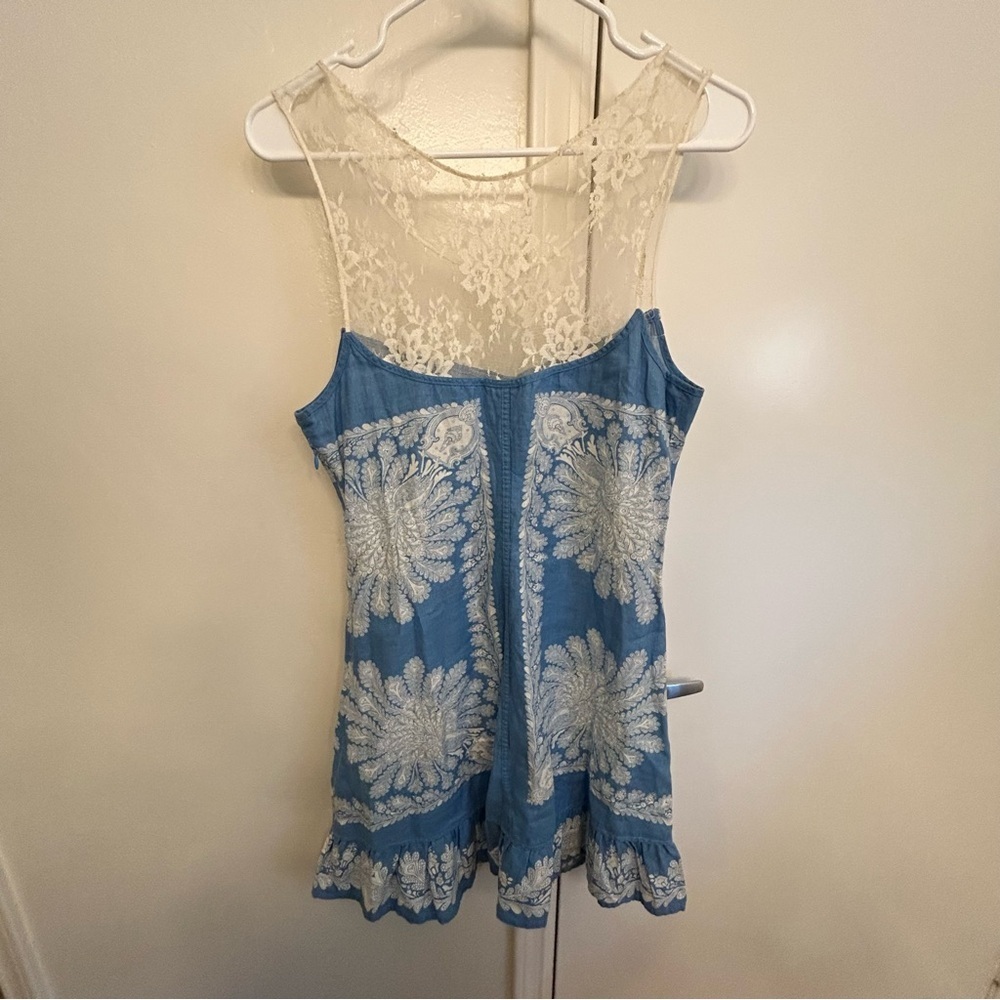 Vintage Free People Paisley Linen Blend Mini Shift Dress Blue White Size 12 - Picture 10 of 11